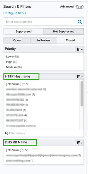 HTTP Hostname and DNS RR Name filters selected