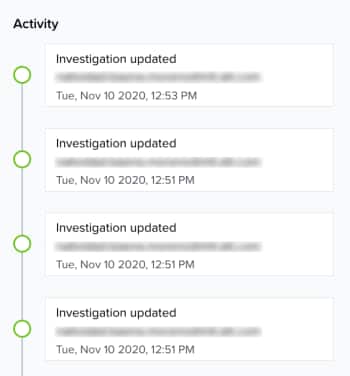 Details of a case investigation, activity section