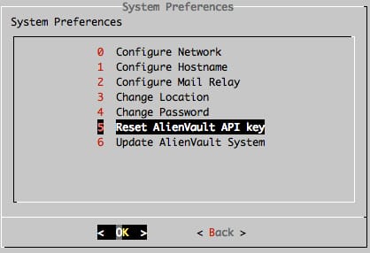 AlienVault Setup > System Preferences > Reset AlienVault API key